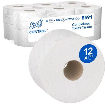 Туалетная бумага Scott Control в больших рулонах с центральной подачей, белый, 2сл, 12 рулонов по 204 метра